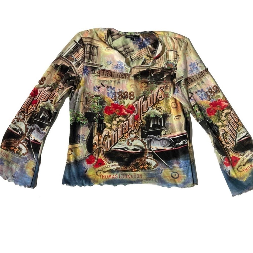 One World Y2K Graphic Floral Velour Bell Sleeve Top Medium - Picture 3 of 10